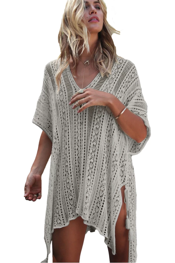 Gray V Neck Crochet Insert Cover Up Dress 